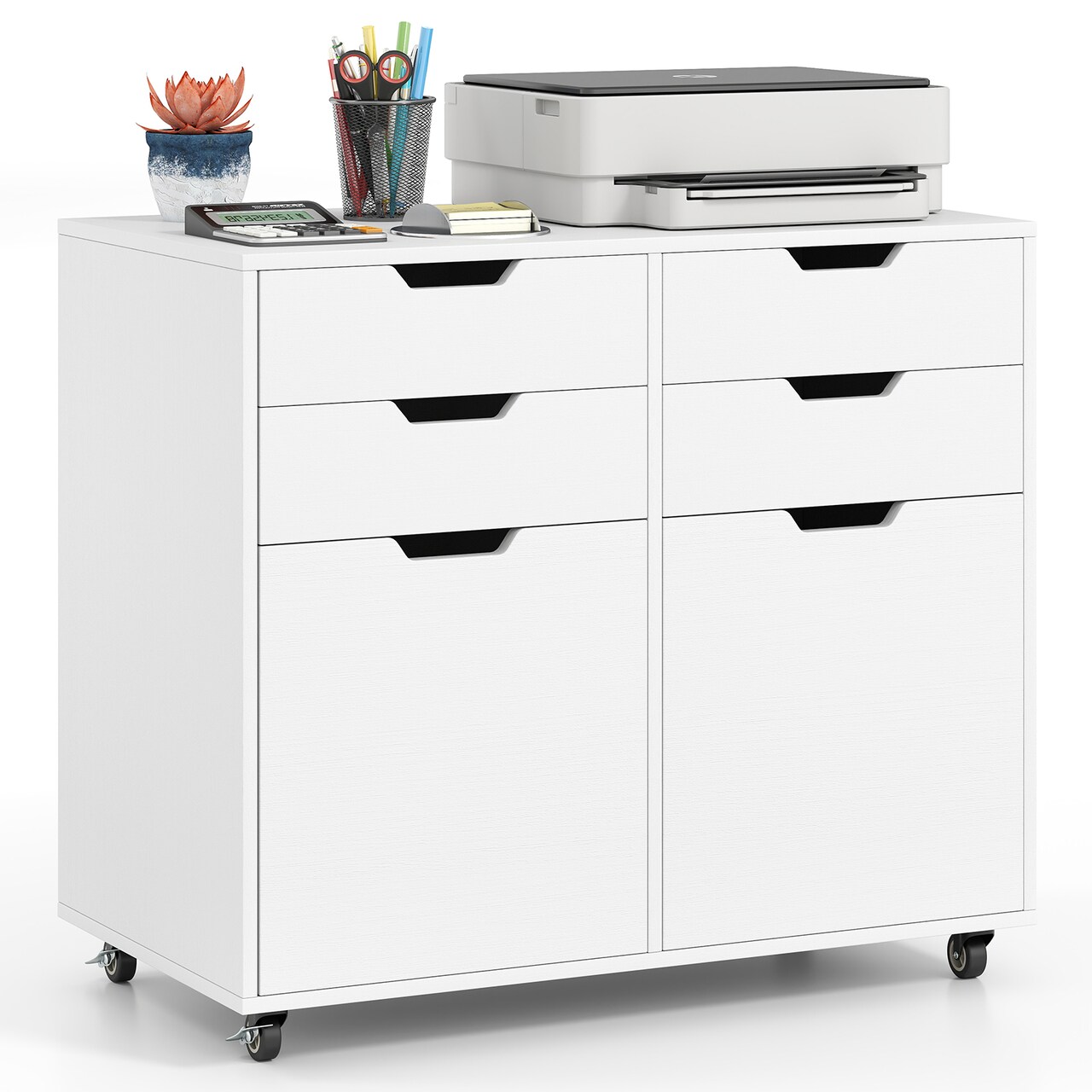 White MDF Mobile Filing Cabinet with Lockable Wheels and Storage Drawers
